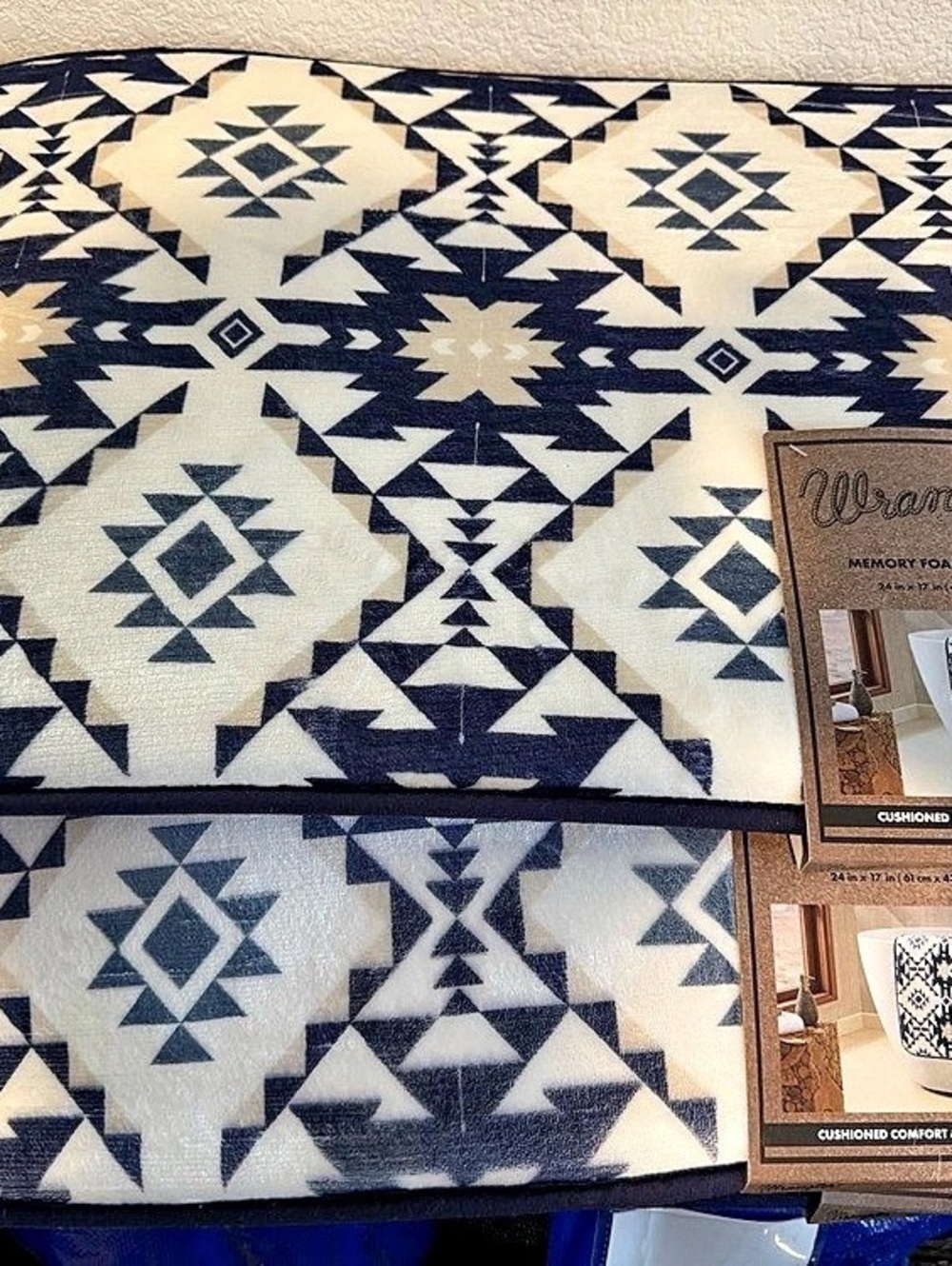 2 Wrangler Aztec Memory Foam Bath Rug 24 x 17 Aztec Geometric Blue & White NWT